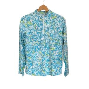 Icikuls Womens Blue Green Floral Vented Long Sleeve Outdoor Sun Shirt size L